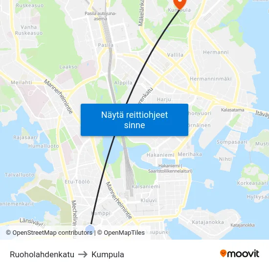 Ruoholahdenkatu to Kumpula map