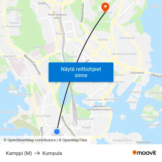 Kamppi (M) to Kumpula map