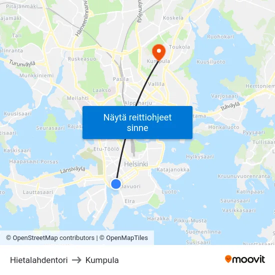 Hietalahdentori to Kumpula map