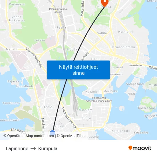 Lapinrinne to Kumpula map