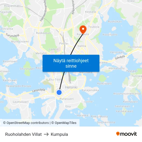 Ruoholahden Villat to Kumpula map