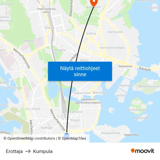 Erottaja to Kumpula map