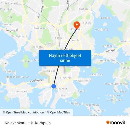 Kalevankatu to Kumpula map