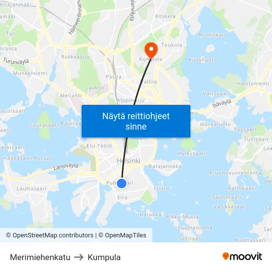 Merimiehenkatu to Kumpula map