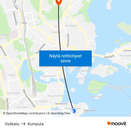 Vyökatu to Kumpula map