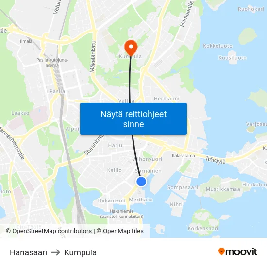 Hanasaari to Kumpula map