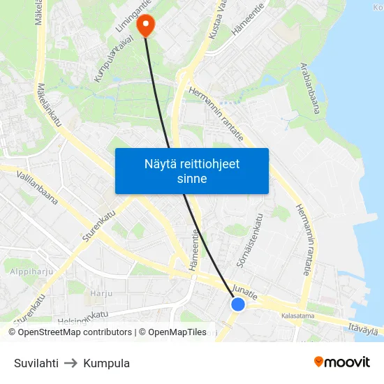 Suvilahti to Kumpula map
