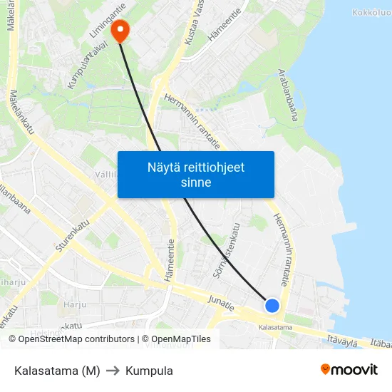 Kalasatama (M) to Kumpula map