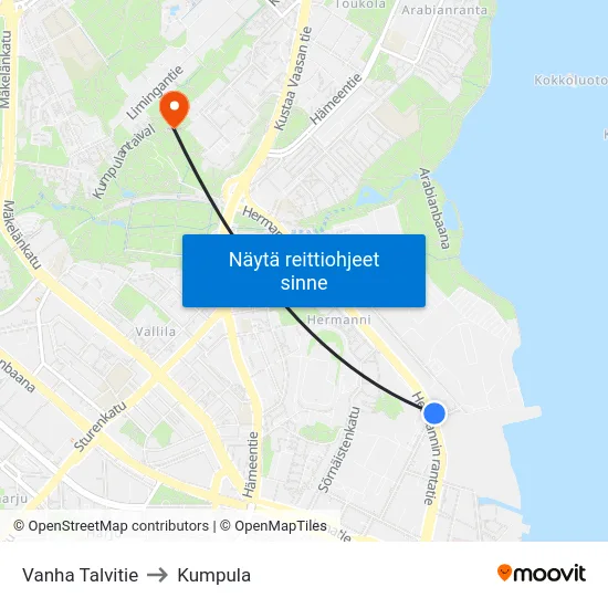 Vanha Talvitie to Kumpula map