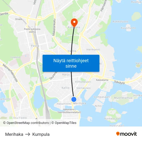 Merihaka to Kumpula map