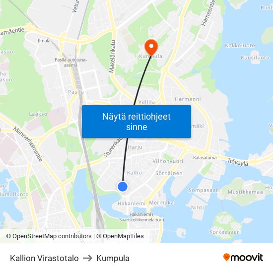 Kallion Virastotalo to Kumpula map