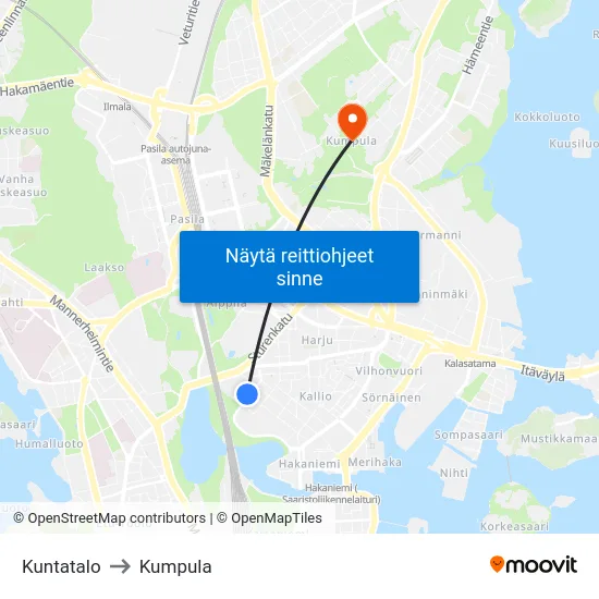 Kuntatalo to Kumpula map