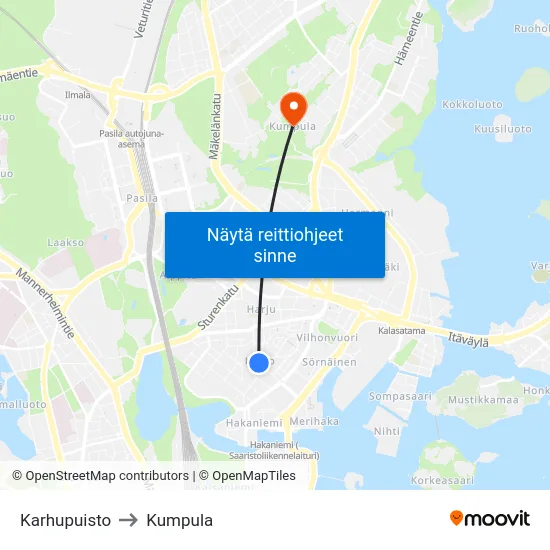 Karhupuisto to Kumpula map