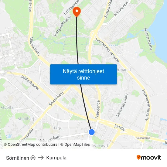 Sörnäinen Ⓜ️ to Kumpula map