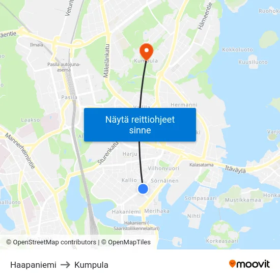 Haapaniemi to Kumpula map