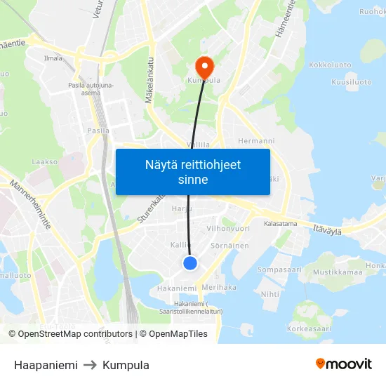 Haapaniemi to Kumpula map