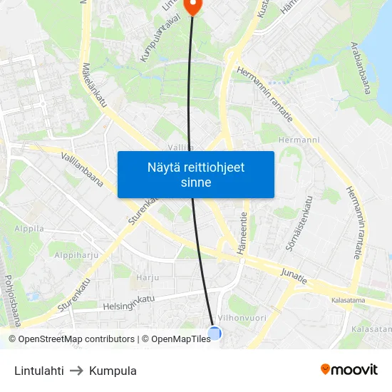 Lintulahti to Kumpula map