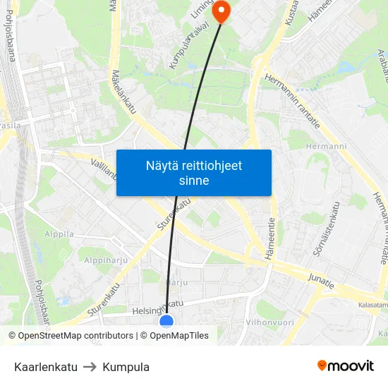 Kaarlenkatu to Kumpula map