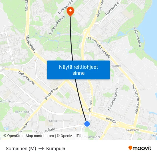 Sörnäinen (M) to Kumpula map