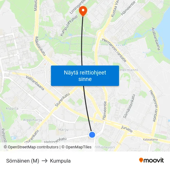 Sörnäinen (M) to Kumpula map