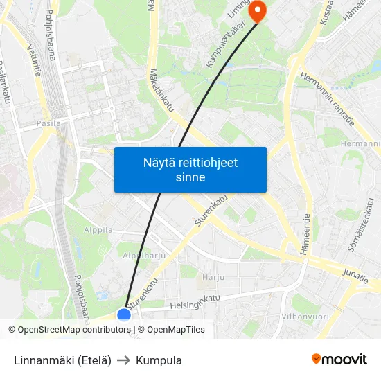 Linnanmäki (Etelä) to Kumpula map