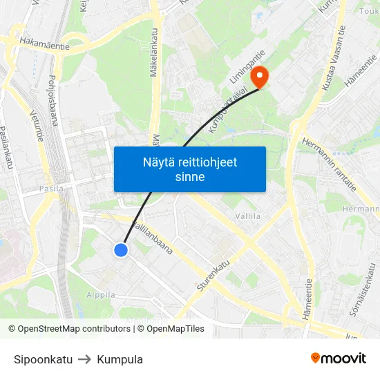 Sipoonkatu to Kumpula map