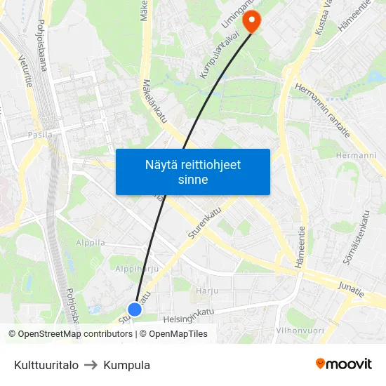 Kulttuuritalo to Kumpula map
