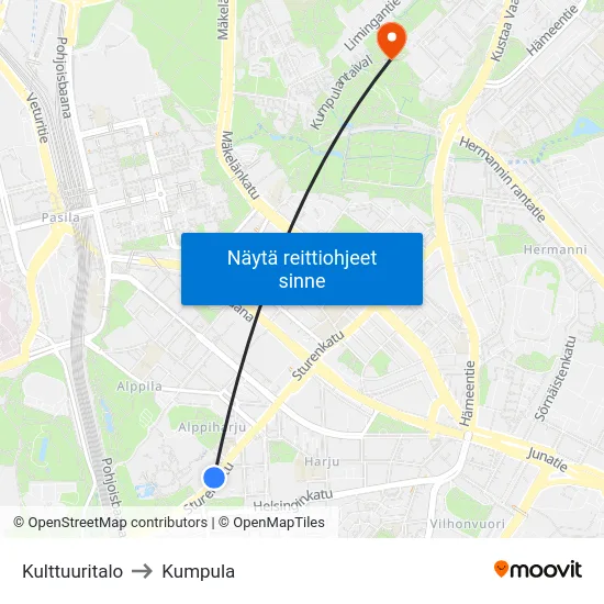 Kulttuuritalo to Kumpula map
