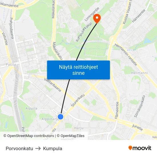 Porvoonkatu to Kumpula map