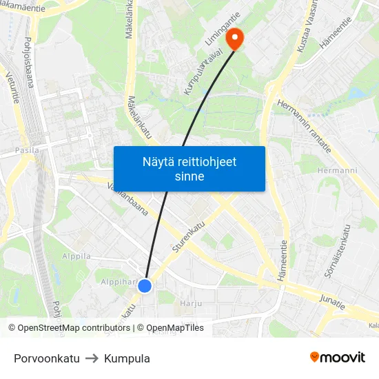 Porvoonkatu to Kumpula map
