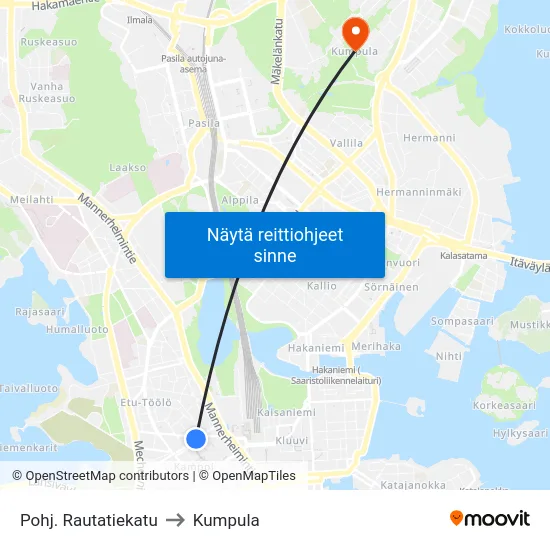 Pohj. Rautatiekatu to Kumpula map