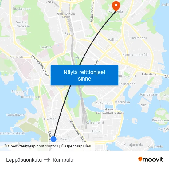 Leppäsuonkatu to Kumpula map