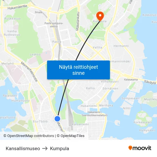 Kansallismuseo to Kumpula map