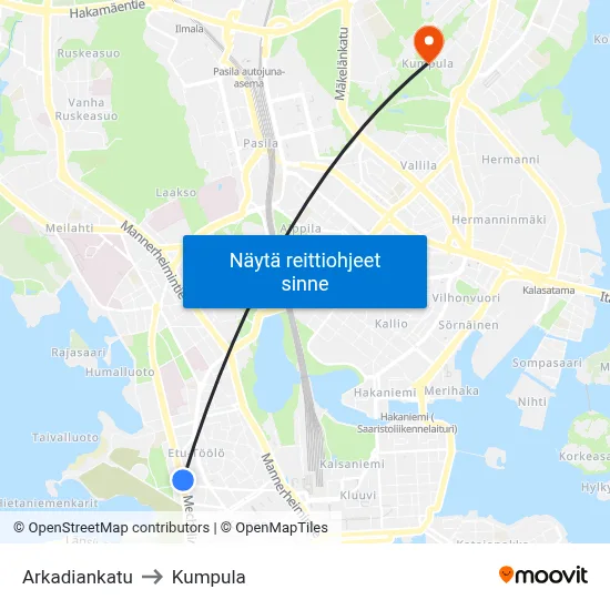 Arkadiankatu to Kumpula map