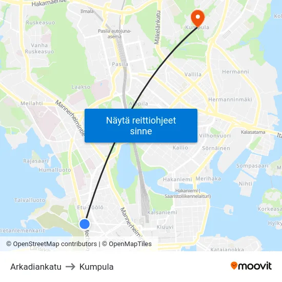 Arkadiankatu to Kumpula map