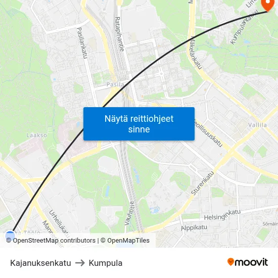 Kajanuksenkatu to Kumpula map