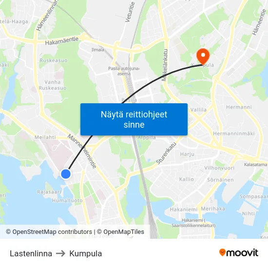 Lastenlinna to Kumpula map