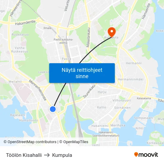 Töölön Kisahalli to Kumpula map