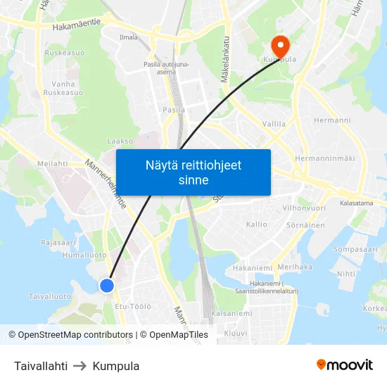 Taivallahti to Kumpula map