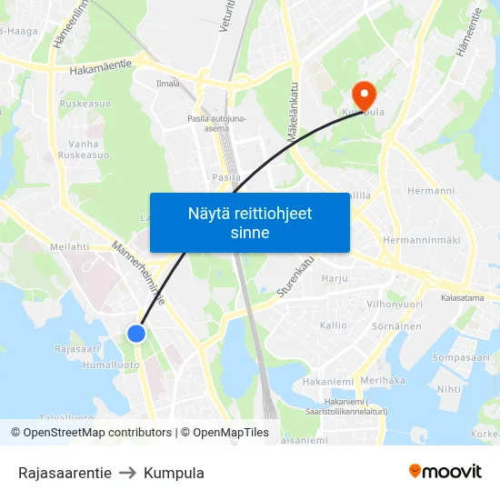 Rajasaarentie to Kumpula map