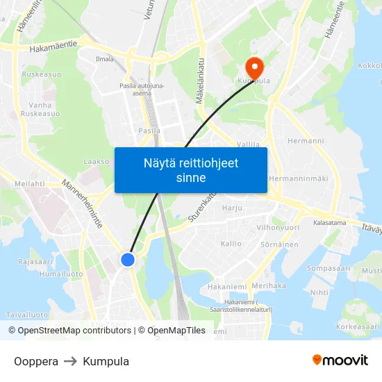 Ooppera to Kumpula map