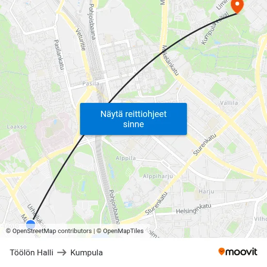 Töölön Halli to Kumpula map