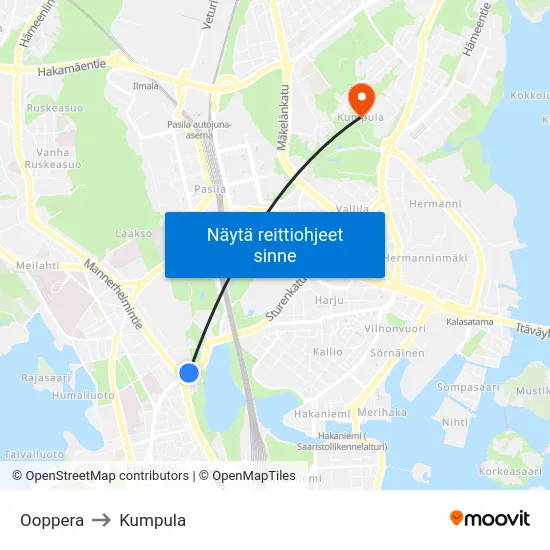 Ooppera to Kumpula map