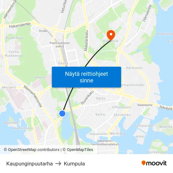 Kaupunginpuutarha to Kumpula map