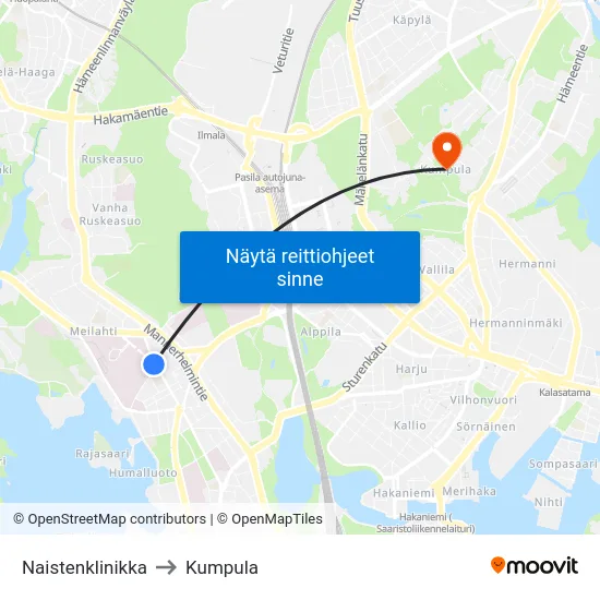 Naistenklinikka to Kumpula map