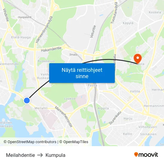 Meilahdentie to Kumpula map