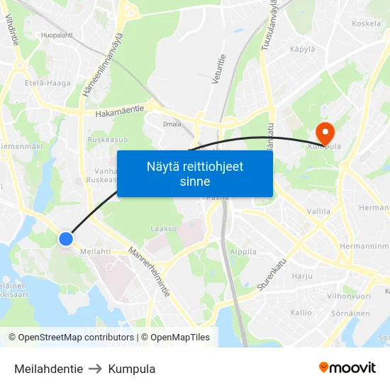 Meilahdentie to Kumpula map