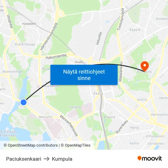 Paciuksenkaari to Kumpula map