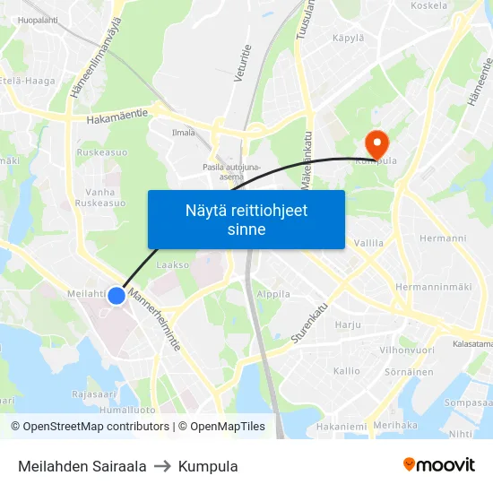 Meilahden Sairaala to Kumpula map