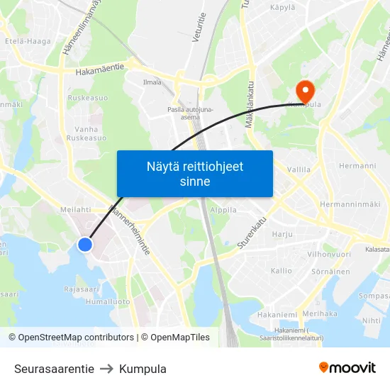 Seurasaarentie to Kumpula map
